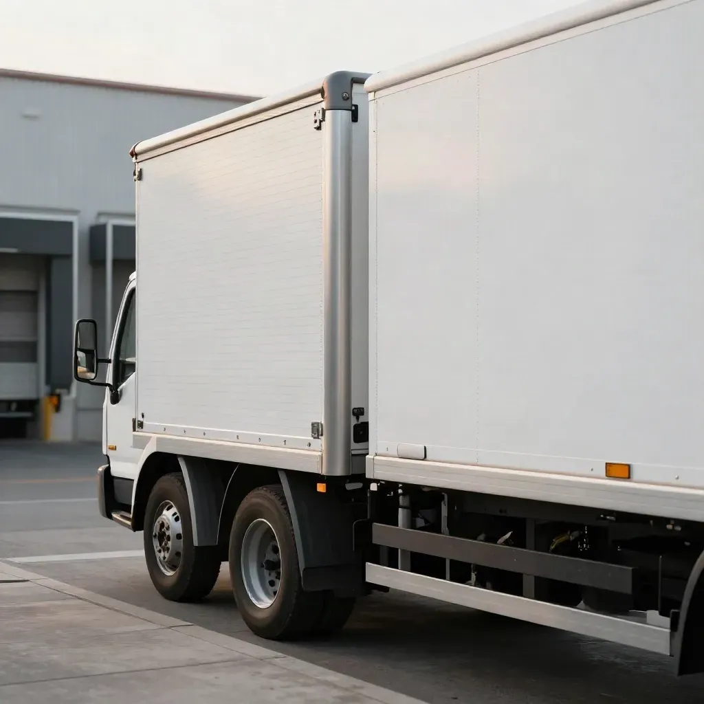 Camion box bianchi allineati ai portoni industriali, con dettagli metallici in luce chiara.