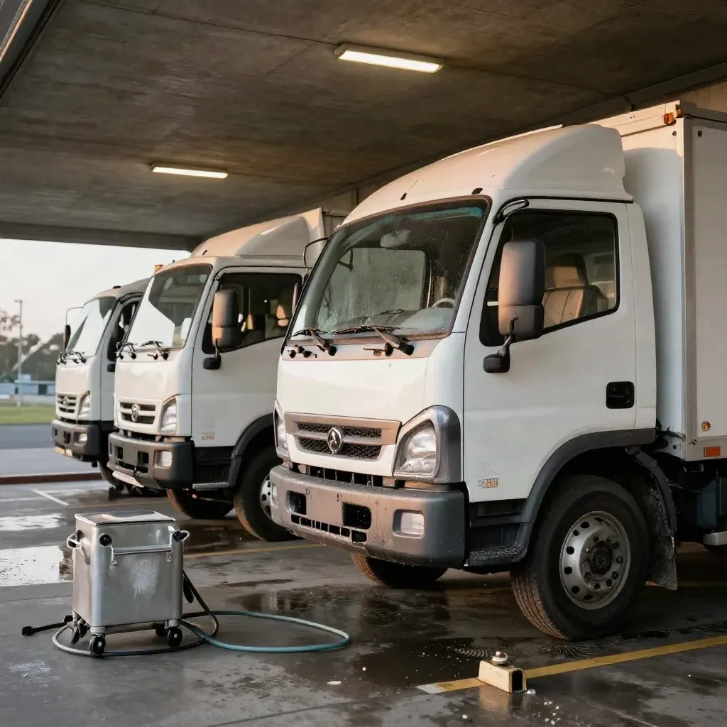 Due camion usati lavati in fila sotto una tettoia di cemento, dopo il controllo visivo.