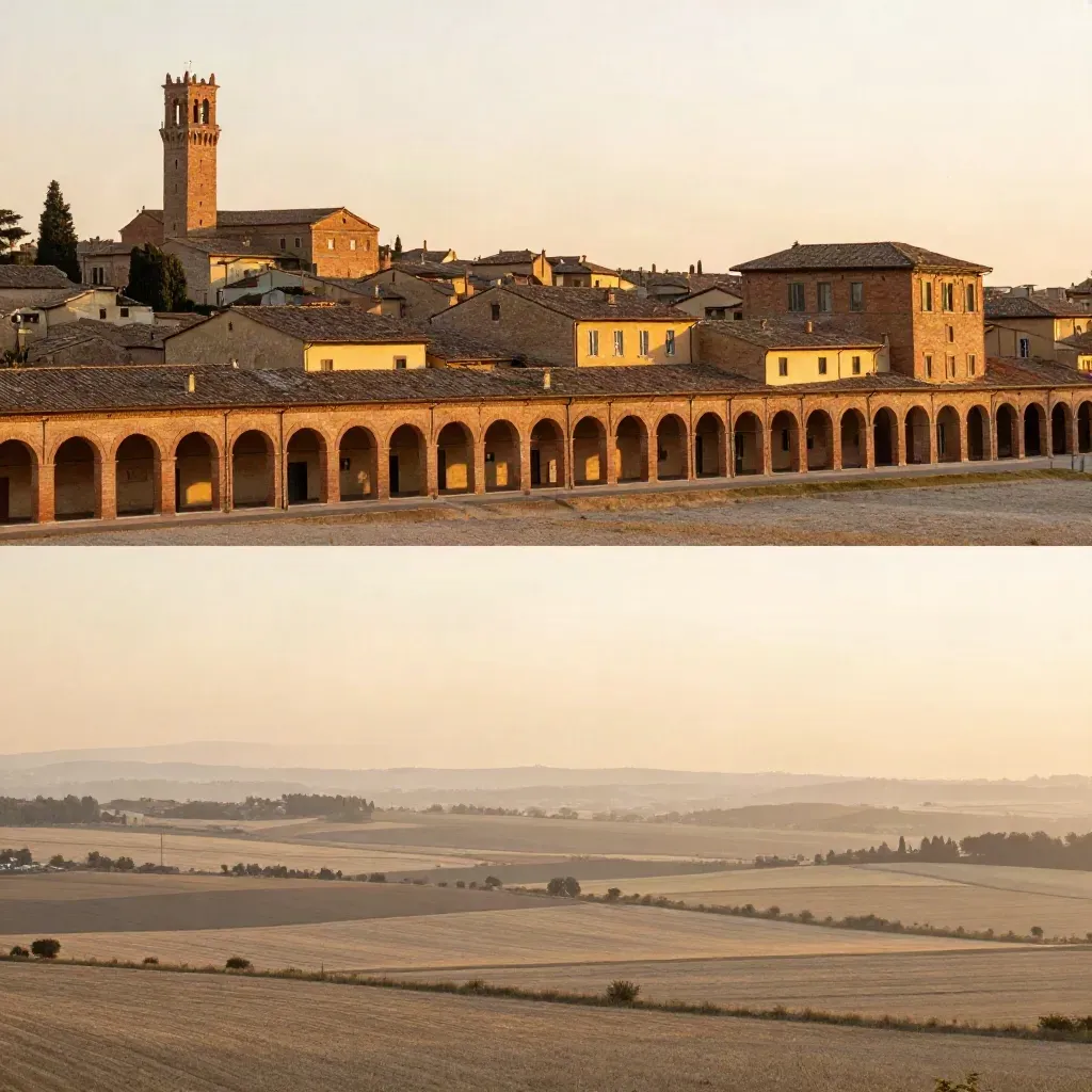 Vista di Emilia-Romagna al tramonto con portici, tetti in laterizio e pianura tranquilla.