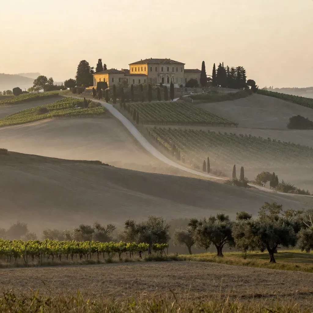 Villa palladiana tra i vigneti del Veneto nella bruma dorata